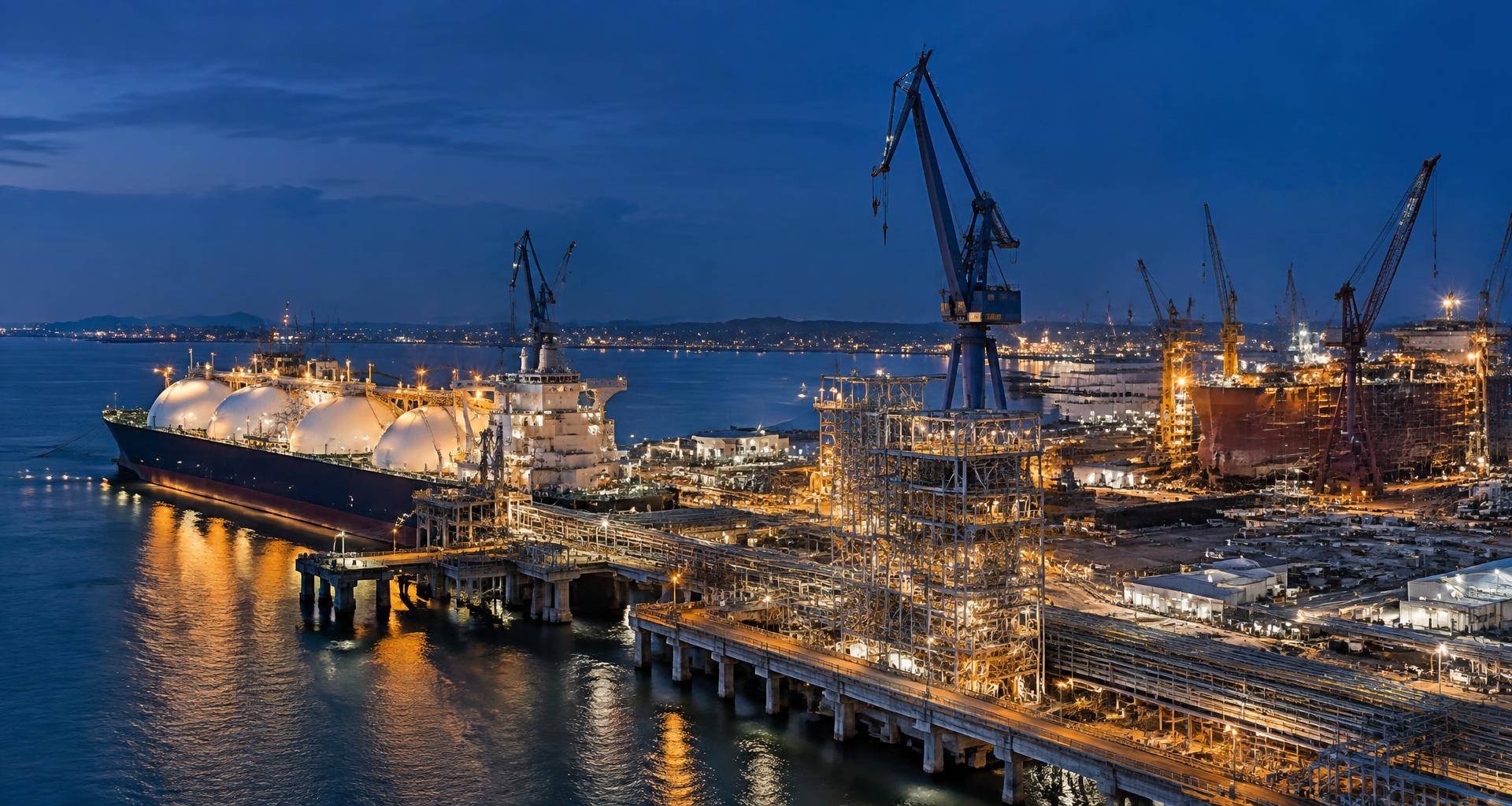 Coastal shipyard and LNG terminal at blue hour
